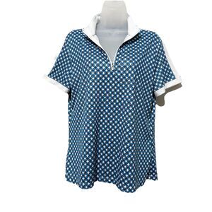Callaway Opti Dri Golf Polo Womens Large Blue Geo Print Zip Neck Short Sleeve